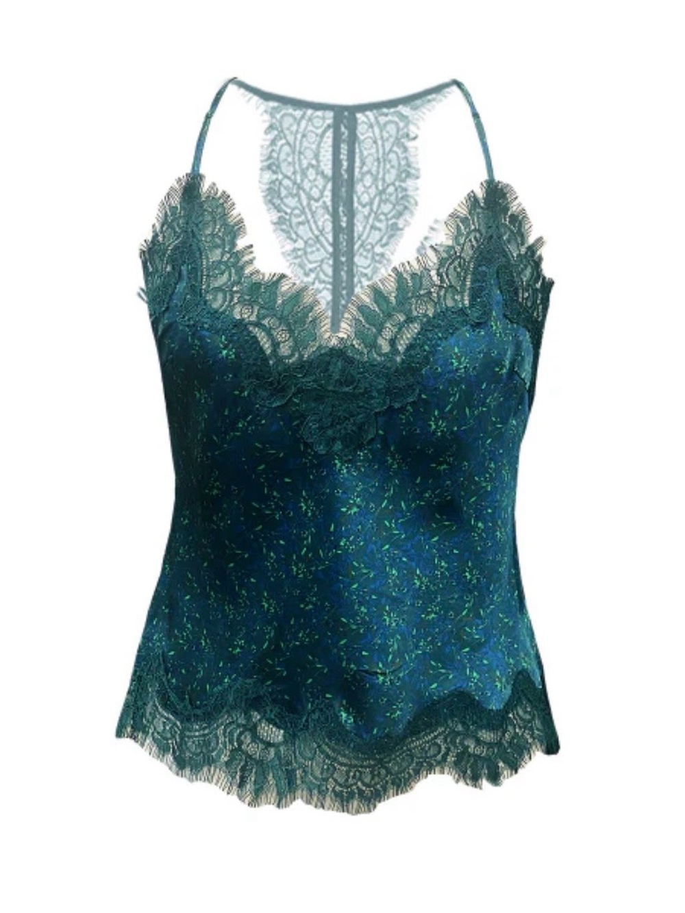 Gold Hawk Printed Lucy Cami 100% Silk Cypress Teal Green Lace Y2K Tank Small